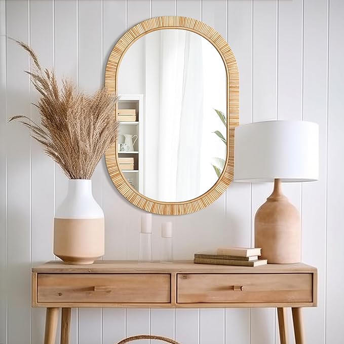 Barnyard Designs Oval Rattan Wall Mirror, Natural Tan Woven Rattan Frame, Indoor Decorative Mirror for Bedroom Living Room Entryway (20" x 30", Oval)