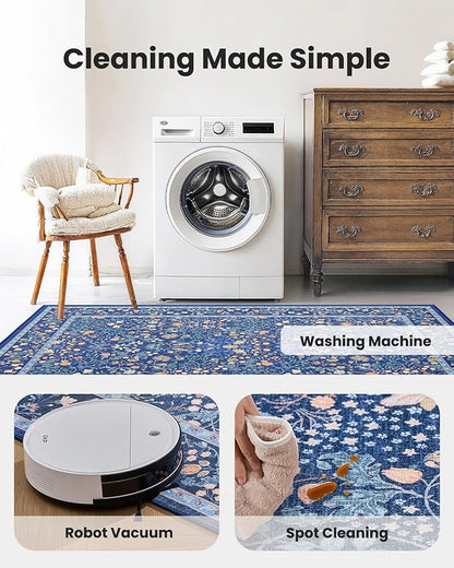 AMADA HOMEFURNISHING 8x10 Washable Area Rugs for Living Room, Non-Slip & Low-Profile Floral Large Area Rug with Durable Edge Binding, Soft Rugs for Living Room, Bedroom, Dining Room