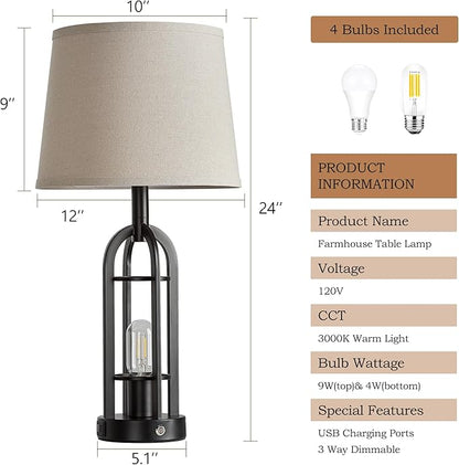 SRJJA 24" Table Lamps for Living Room Set of 2, Farmhouse Industrial 3-Way Dimmable Touch Bedside Lamps with USB A+C for Bedroom Nightstand，4 Bulbs Included