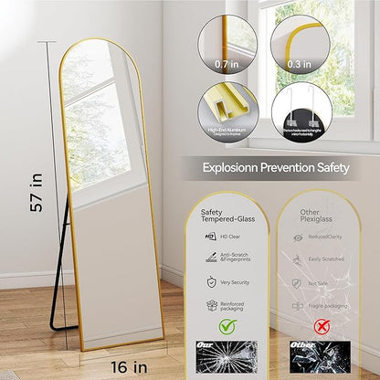 SCWF-GZ 57x16 Door Hanging Full Length Mirror, Floor Stand (Height 5.7ft just Body in1.3ft) / Wall Mounted Metal Frame Arch Dressing Mirrors for Bedroom Living Room 57 inch Gold