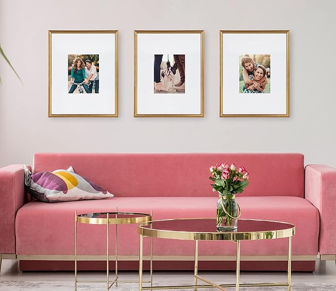 Kate and Laurel Adlynn Wall Picture Frame Set, 16" x 20" matted to 8" x 10", Gold, Set of 3