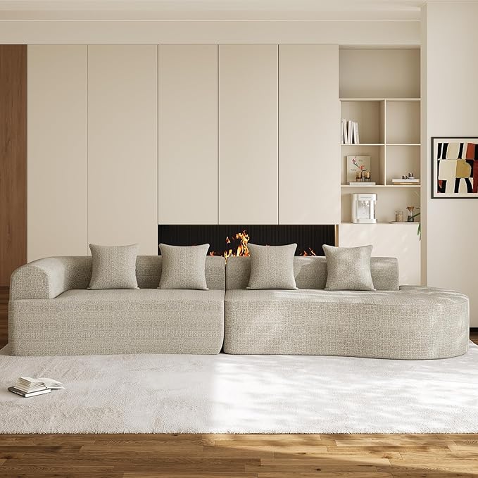 147" Oversized Sectional Sofa for Living Room, Modern Luxury Plush Chenille 4-Seater Extra Deep & Wide Seat Curved Cloud Couch with 4 Throw Pillows, No Assembly Needed, Light Brown