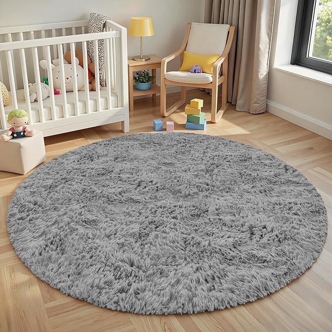 Light Gray ack Round Fluffy Rug 5ft Plush Fuzzy Shaggy Carpet,Soft Rugs for Living Room for Nursery,Preppy Dorm,Classroom,Playroom,Teen,Baby Home Decor (Light Gray 5"x5")