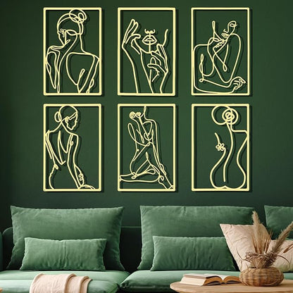 Cindeer 6 Pcs Metal Wall Decor Metal Minimalist Abstract Woman Wall Art Modern Minimalist Decor Aesthetic Female Hanging Art Large Single Line Wall Sculpture for Home Bedroom Living Room (Gold)