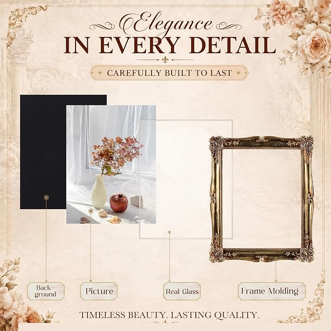 Wonderjune 5 Pcs Large Vintage Picture Frames Set with Glass Front Antique Gold Gallery Wall Frames 11x14, 8x10, 7x9, 4x6, Baroque for Home Decor Photography Props Gifts, Wall or Tabletop