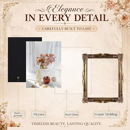 Wonderjune 5 Pcs Large Vintage Picture Frames Set with Glass Front Antique Gold Gallery Wall Frames 11x14, 8x10, 7x9, 4x6, Baroque for Home Decor Photography Props Gifts, Wall or Tabletop