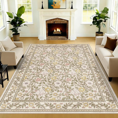 Floral Living Room Rug 6x9 Machine Washable Boho Area Rug Non Slip Vintage Low Pile Carpet for Bedroom, Farmhouse, Dining Room, Kids Playroom,Beige/Multi