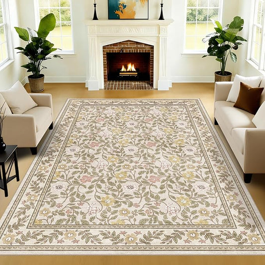 Floral Living Room Rug 6x9 Machine Washable Boho Area Rug Non Slip Vintage Low Pile Carpet for Bedroom, Farmhouse, Dining Room, Kids Playroom,Beige/Multi