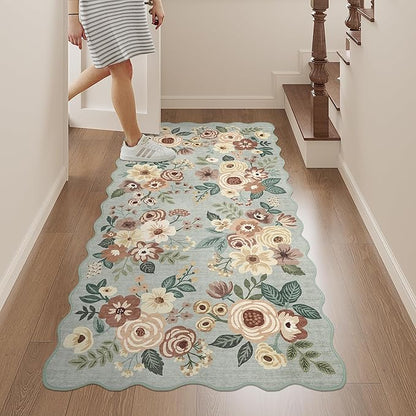 DUKINO 2x4 Washable Runner Rugs, Non Slip Floral Print Entryway Rug with Soft Low Pile, Lightweight Mat for Living Room, Bathroom, Bedroom, Kitchen, Sage Green