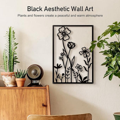 Sokurdeg Black Metal Flower Wall Decor, Minimalist Floral Botanical Wall Art, Abstract Line Boho Farmhouse Decor for Living Room, Bathroom, Bathroom, Office, Meaningful Gift (4 Pcs, 12x17 in)