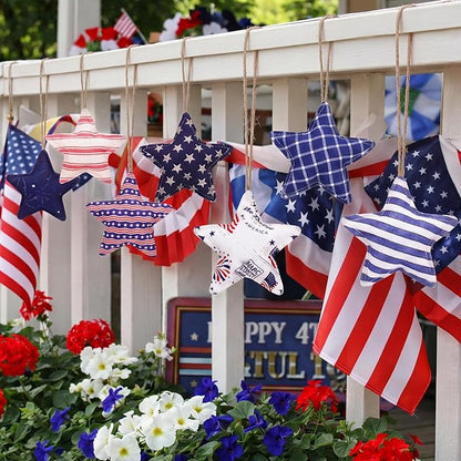 Soulchen 12 Pcs 4th of July Patriotic Ornaments Red Blue White Fabric Star Hanging Ornament Stuffed Stripe Check Star Memorial Day Tree Decoration for 250th Anniversary Independence Veterans Day Decor