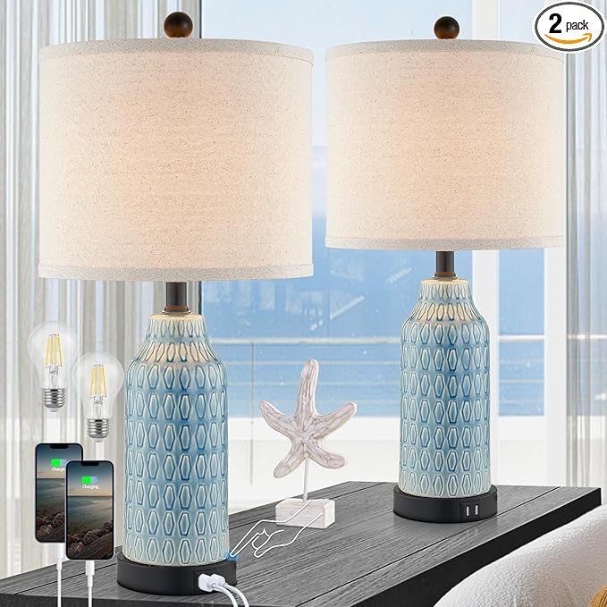 Cinkeda Ceramic Table Lamps for Bedroom Set of 2,Touch Lamp with USB Ports for Nightstand, 3-Way Dimmable Blue Coastal Bedside Lamps for Bedroom Living Room End Table Side Table(Bulbs Included)