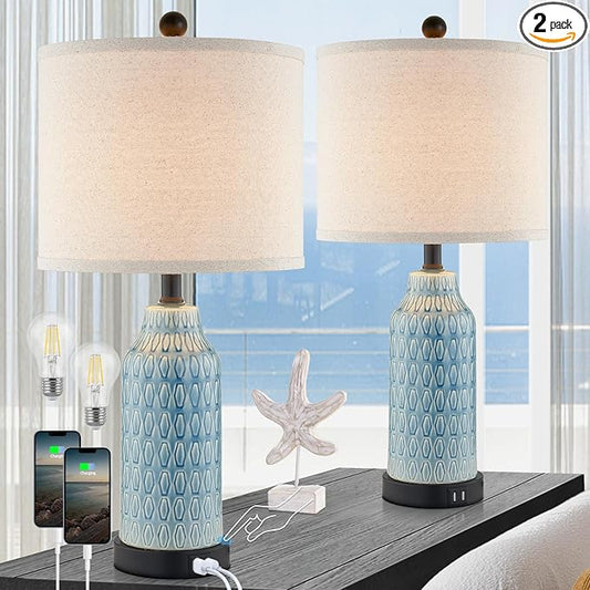 Cinkeda Ceramic Table Lamps for Bedroom Set of 2,Touch Lamp with USB Ports for Nightstand, 3-Way Dimmable Blue Coastal Bedside Lamps for Bedroom Living Room End Table Side Table(Bulbs Included)