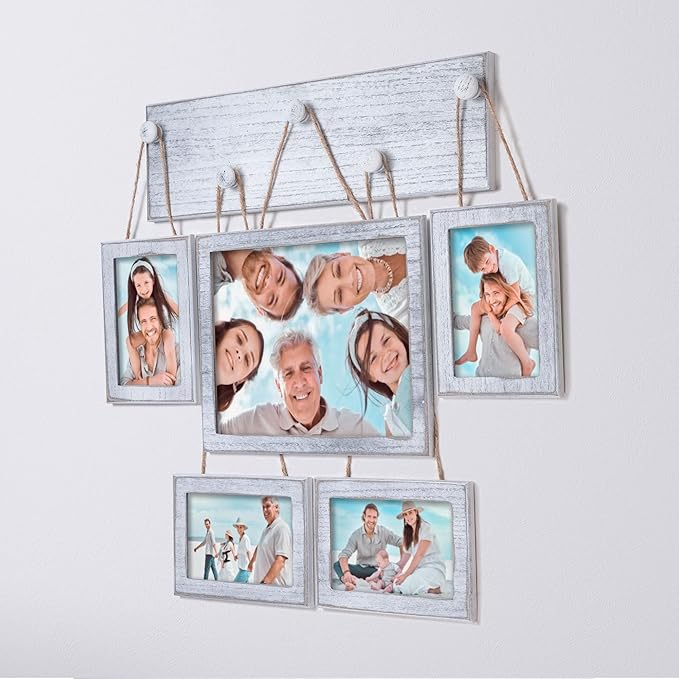 Collage Picture Frames Set of 5 for Wall – Rustic White Farmhouse Gallery Wall Frames with HD Plexiglass, Includes 4x6 & 8x10 Photo Frames, Vintage Wall Decor for Living Room, Bedroom & Home
