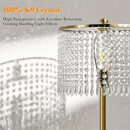 【Upgraded】 Dimmable Crystal Floor Lamps for Living Room, 1000LM LED Bulb Included, Standing Lamp with Knob Switch, Tall Gold Pole Light for Bedroom Nursery Office Corner Reading