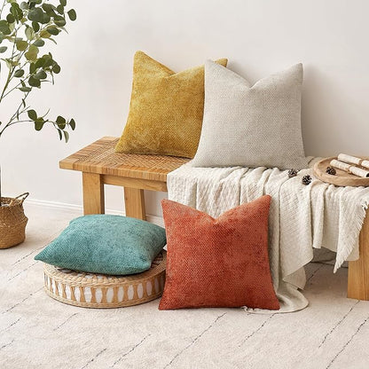MIULEE Pack of 4 Couch Throw Pillow Covers 20x20 Inch Neutral Orange/Teal Soft Decorative Chenille Pillow Covers Farmhouse Accent Cushion Covers for Boho Home Decor Spring Sofa Bedroom Living Room