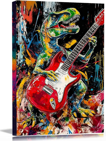 12x16 Graffiti Rock Music T-Rex Wall Art Modern Abstract Dinosaur Canvas Print Colorful Child Funny Pop Home Decor Bedroom Colorful Kids Wall Posters for Boys Room Bathroom Picture Men Office Room Painting
