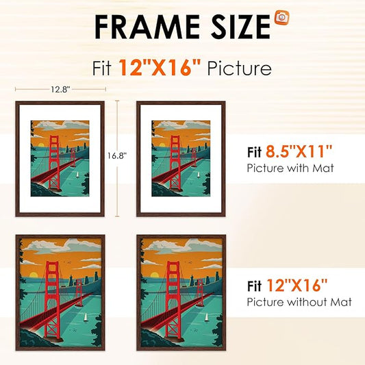 FIXSMITH 12x16 Picture Frame Brown Set of 2, Photo Frame with HD Plexiglass, Display Pictures 8.5x11 with Mat or 11x17 Without Mat, Brown Picture Frames Collage Wall Decor, Gallary Wall Frame