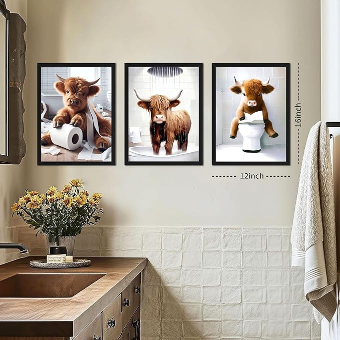 Highland Cow Bathroom Decor Set of 3, Funny Brown Cute Highland Cow Wall Art Paintings, Vintage Rustic Farmhouse Canvas Pictures Posters Prints for Bathroom, Restroom Black Wood Framed 12x16 Inch