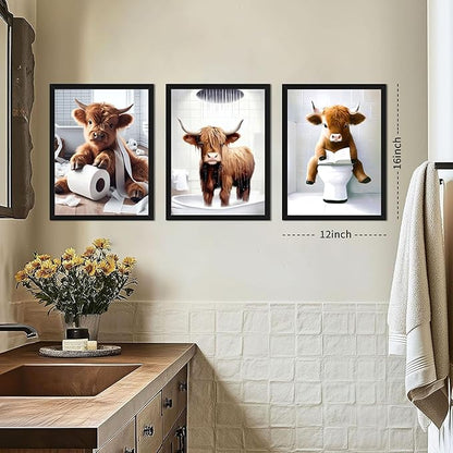 Highland Cow Bathroom Decor Set of 3, Funny Brown Cute Highland Cow Wall Art Paintings, Vintage Rustic Farmhouse Canvas Pictures Posters Prints for Bathroom, Restroom Black Wood Framed 12x16 Inch