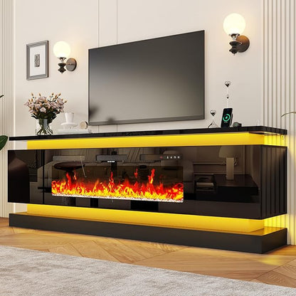 chartustriable 81IN LED TV Stands w/50 inch Fireplace Power Outlet for 90/85/80/75 Inch TVs,High Glossy Modern TV Media Console Gaming with 2 Storage Cabinets,Dual LED Lights,Black