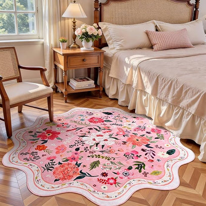 Macgace Pink Round Rug for Girls Bedroom, 5ft Machine Washable Floral Area Rugs with Non Slip Backing, Cute Flower Carpet Kitchen Living Room Kids Playroom Decor