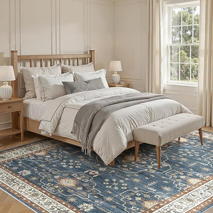 8x10 Area Rug for Living Room- Machine Washable Soft Oriental Vintage Large Indoor Floor Carpet for Bedroom Under Dining Table Home Office Decor - Dark Blue