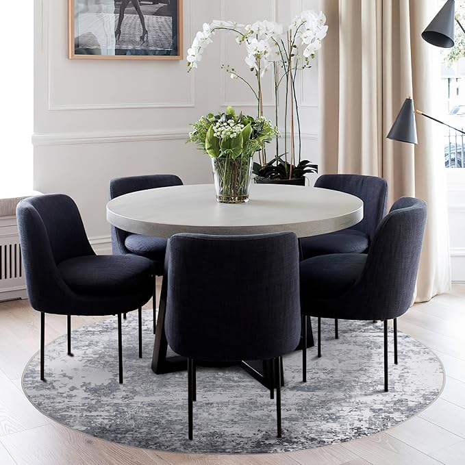 ROYHOME Modern Abstract 8x8 Round Area Rug Non Slip Non Shedding Rug Low Pile Stain Resistant for Bedroom Living Room Office Dining Room,Light Grey