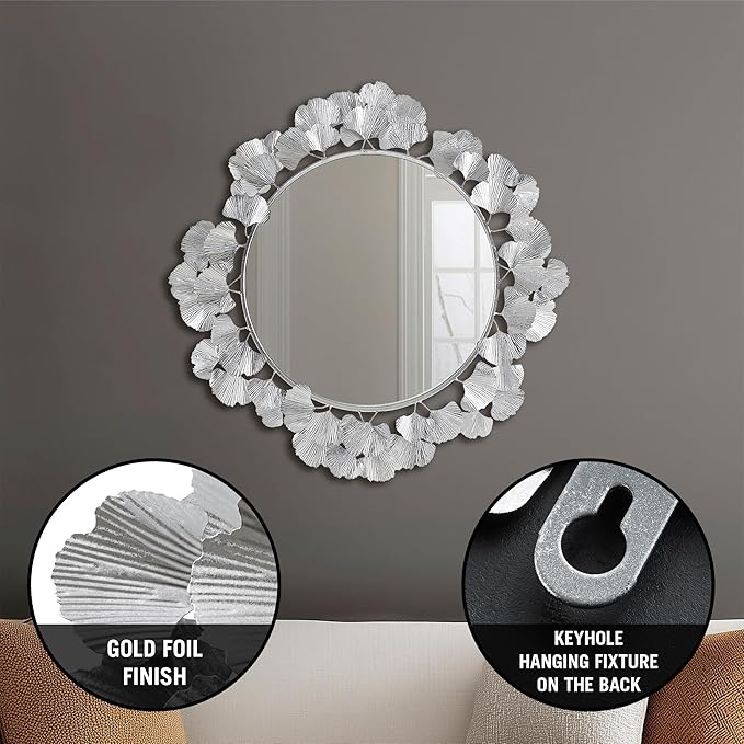 Martha Stewart Wall Décor Large Gingko Leaf Round Wall Mirror for Living Room, Iron Metal Plate Frame Antique Finish, Ready to Hang Bedroom Decoration, Eden, 30.5", Silver