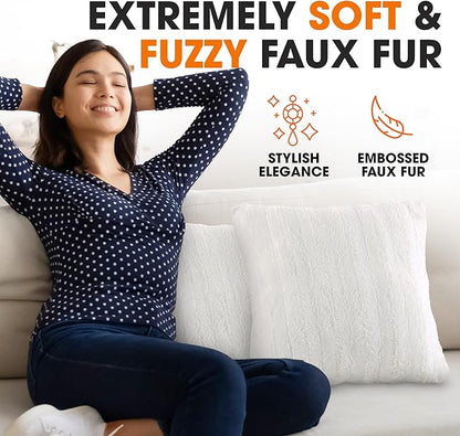 Cheer Collection Faux Fur Throw Pillows - Decorative Pillows for Couch, Bed Throw Pillows, White Accent Pillows for Bedroom or Living Room Aesthetic, Set of 2 Furry Throw Pillows, 24" x 24"