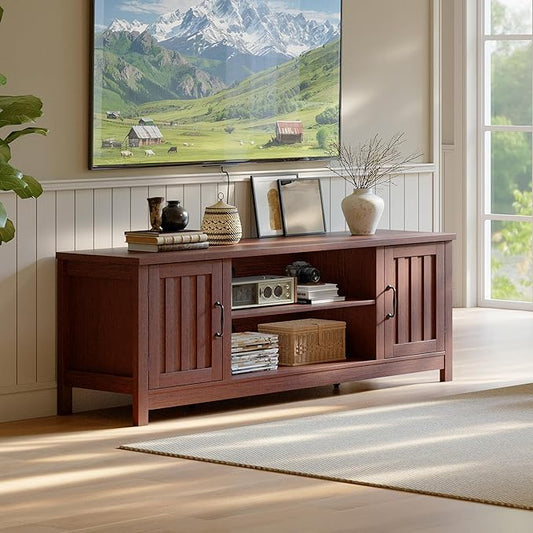 ChooChoo 54" Farmhouse TV Stand for TVs up to 65 inches, Entertainment Center with Storage Cabinets, Open Shelves and Fluted Door, TV Console Table for Living Room, Bedroom, Walnut