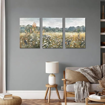 WENGTIAO 3Pcs Spring Wildflower Field Canvas Wall Art Prints Rustic Meadow Landscape Painting Nature Watercolor Flower Pictures Poster Vintage Farmhouse Artwork for Living Room Bedroom 16”x24”x3