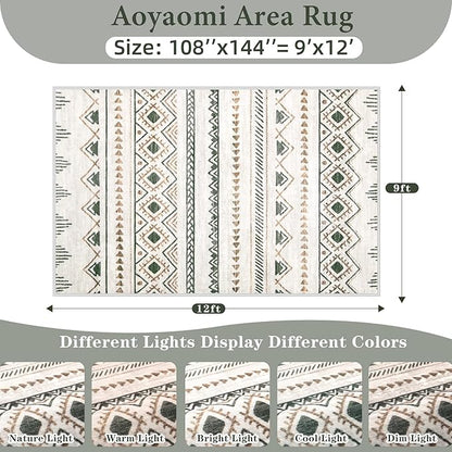 Area Rug for Living Room 9x12: Large Washable Boho Moroccan Rugs Geometric Neutral Rug, Non-Slip Foldable Morden Farmhouse Indoor Floor Carpet for Bedroom Dining Table Home(Brown Green,9'x12')