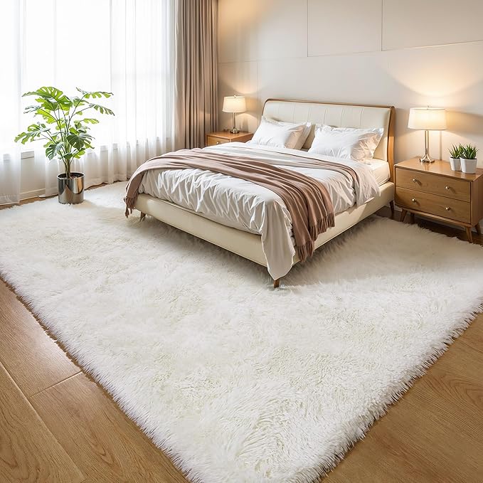 KCHOWUA Cream White Fluffy Area Rugs for Bedroom, 6x9 Machine Washable Plush Furry Fuzzy Rug for Living Room, Modern Soft Shag Shaggy Carpet for Kids Boy Girls Dorm Room Nursery,Ivory