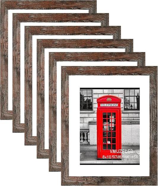 8x10 Picture Frame Rustic Brown Set of 6,Display Pictures 5x7 with Mat or 8x10 Without Mat for Wall Mounting or Table Top Display, Photo Frames Collage for Wall