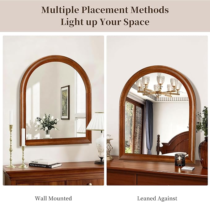 Tanmicoshomy Brown Wood Framed Arched Bathroom Mirror 30x36 Inch, Wall Mirrors with Tempered Glass for Living Room, Bedroom or Entryway