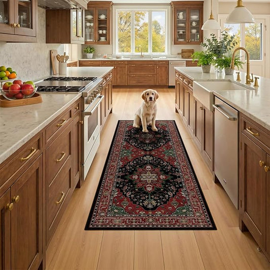 RELEANY Area Rugs 2'x5' Runner Rug Non Slip Washable for Kitchen Hallway Bedroom Beside Laundry Room Bathroom Rug, Floor Carpet, Red Black