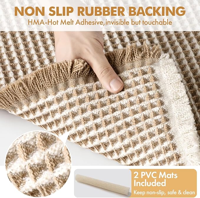 MIULEE Set of 2 Waffle Bathroom Rugs, Boho Bath Rugs Non Slip Washable, Super Absorbent Bath Mats, Ultra Soft Rubber Backed Shower Mats for Bathroom Floor, Tub, Brown & White, 17x24 Inch