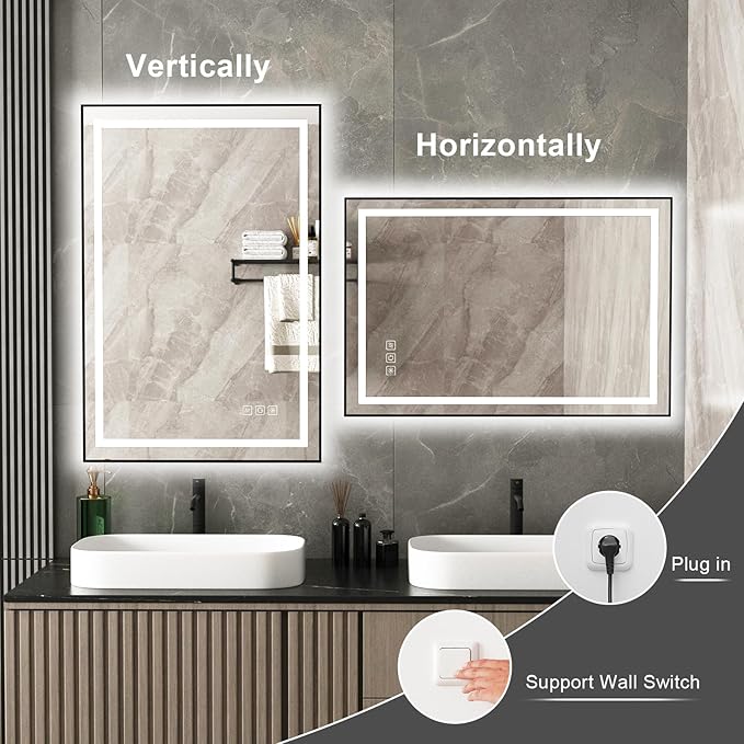 20x28 inches Rectangular Aluminum Black Framed LED Mirror, Smart Bathroom Mirror with Lights, Anti-Fog, Tempered Glass, 3 Colors Dimmable, Front and Backlit, Wall Mounted, Memory