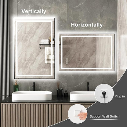 20x28 inches Rectangular Aluminum Black Framed LED Mirror, Smart Bathroom Mirror with Lights, Anti-Fog, Tempered Glass, 3 Colors Dimmable, Front and Backlit, Wall Mounted, Memory