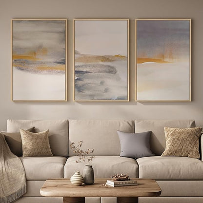 Framed Large Neutral Abstract Wall Art, Set of 3 Canvas Modern Prints Paintings, Minimalist Landscape Beige Gray Picture Artwork Decor for Living Room Bedroom Office 24x36 Inch