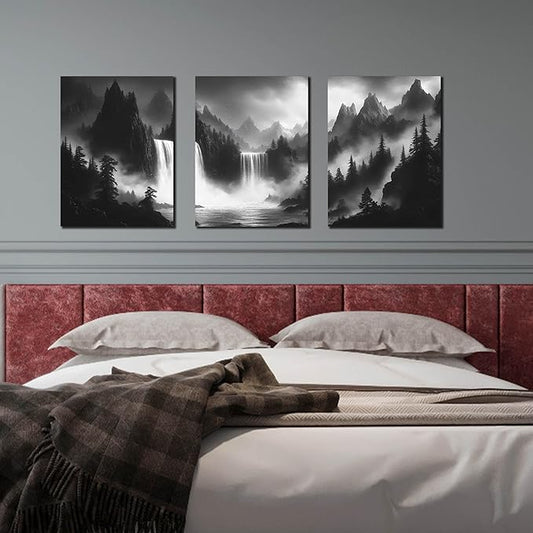 CIRABKY Foggy Forest Wall Art for Living Room - Mountains Canvas Wall Art for Office - Black and White 3 Piece Wall Decor Size 12" x 16"