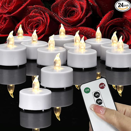 Tea Lights Candles Battery Operated with Remote Control, 24Pcs Flickering Flameless Candle with Timer, Long Lasting 400+ Hours Led Electric Candle for Home Decor, Wedding, Party (WarmWhite)