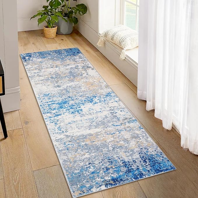ROYHOME 2x6 Modern Abstract Runner Rug Non Slip Soft Stain Resistant Low Pile Machine Washable Non Shed Rug for Hallway Kitchen Bathroom, Blue/Grey