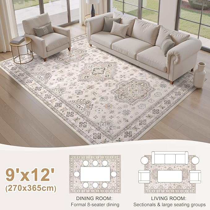 EIEIHOUSE Washable Area Rugs for Living Room -9x12 Neutral Vintage Distressed Floral Farmhouse Boho Large Soft Floor Rug Indoor Non Slip Carpet for Living Room Bedroom Dining Room Office -Beige Brown