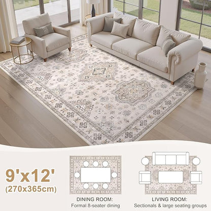 EIEIHOUSE Washable Area Rugs for Living Room -9x12 Neutral Vintage Distressed Floral Farmhouse Boho Large Soft Floor Rug Indoor Non Slip Carpet for Living Room Bedroom Dining Room Office -Beige Brown