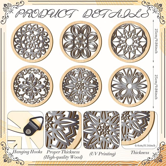 Ferraycle 6 Pieces Thicken Rustic Wall Decor Farmhouse Wall Art Wooden Round Art Hanging Decoration Hollow Carved for Living Room Bedroom Kitchen Office Apartment Hallway(Wood Color)