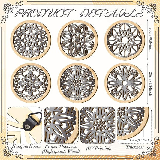 Ferraycle 6 Pieces Thicken Rustic Wall Decor Farmhouse Wall Art Wooden Round Art Hanging Decoration Hollow Carved for Living Room Bedroom Kitchen Office Apartment Hallway(Wood Color)