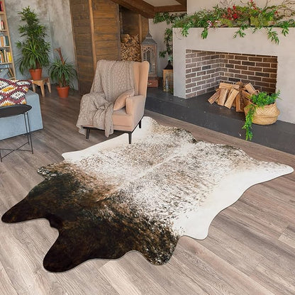 5x6 Cowhide Rug, Washable Faux Brown and White Cow Hyde Area Rugs for Living Room, Rustic Farmhouse Accent Animal Print Carpet for Apartment Couch, Synthetic Cowhide Decor