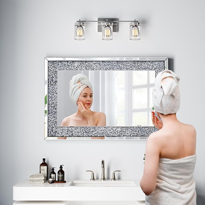 Crystal Crush Diamond Mirror-24x36 Silver Mirror, Gorgeous Wall Mirror, Rectangle Mirrors for Wall Bathroom, Bedroom, Dining Room and Living Room